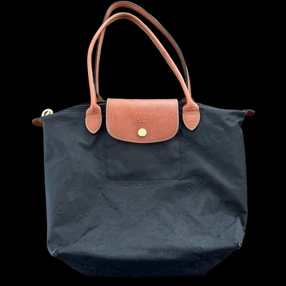 Longchamp Le Pliage Shopping Modele Depose  Black travel tote bag brown Leather - Picture 1 of 9